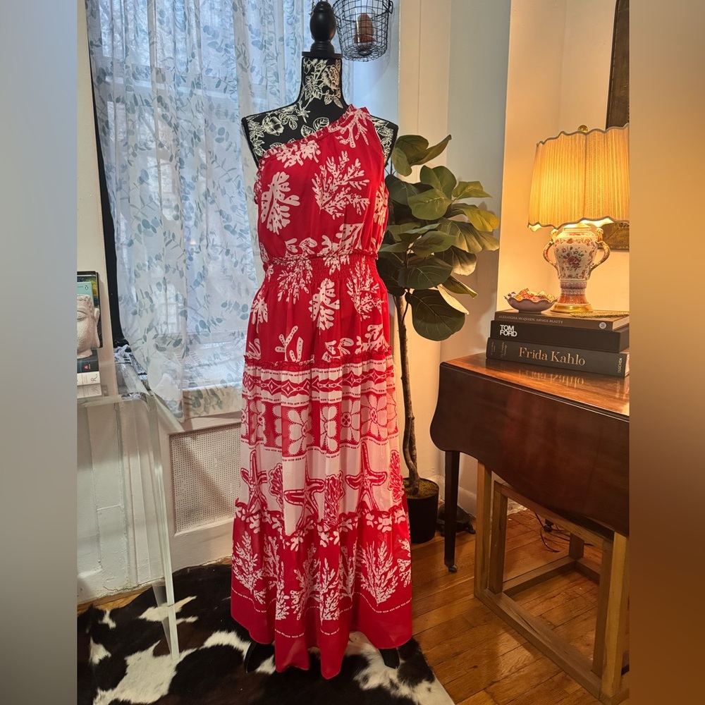 Taylor One Shoulder Dress in Red and White Floral